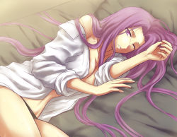 Rule 34 | 1girl, bad id, bad pixiv id, bed, black panties, breasts, cleavage, fate/stay night, fate (series), hitoha, long hair, lying, medusa (fate), medusa (rider) (fate), no bra, on side, one eye closed, open clothes, open shirt, panties, pillow, purple eyes, purple hair, shirt, sleeves rolled up, solo, square pupils, sweat, underwear, very long hair, wince, wink