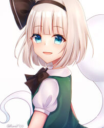 Rule 34 | 1girl, black bow, black bowtie, black hairband, blue eyes, blunt bangs, blush, bow, bowtie, breasts, from side, green vest, grey hair, hairband, highres, hitodama, konpaku youmu, light smile, looking at viewer, looking to the side, medium hair, open mouth, puffy short sleeves, puffy sleeves, runa (runa7733), shirt, short sleeves, simple background, small breasts, solo, touhou, upper body, vest, white background, white shirt