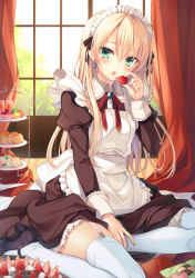 Rule 34 | 1girl, apron, blonde hair, blush, cake, checkerboard cookie, cookie, curtains, earrings, food, fruit, garter straps, green eyes, heart, high heels, highres, indoors, jewelry, long hair, long sleeves, looking at viewer, macaron, maid, maid apron, maid headdress, mary janes, moe2015, mole, mole under eye, open mouth, original, sandwich, shoes, sitting, solo, strawberry, thighhighs, tiered tray, toosaka asagi, wariza, white thighhighs, window