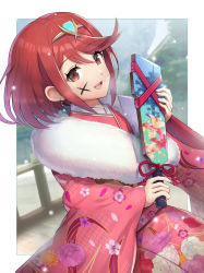 Rule 34 | 1girl, :d, alternate costume, blush, border, bridge, earrings, female focus, floral print, gonzarez, hagoita, highres, holding, japanese clothes, jewelry, kimono, long sleeves, looking at viewer, matching hair/eyes, new year, nintendo, open mouth, outdoors, outside border, paddle, pink kimono, print kimono, pyra (xenoblade), red eyes, red hair, red ribbon, ribbon, short hair, sidelocks, sitting, smile, snowing, solo, swept bangs, tassel, tiara, white border, wide sleeves, winter, xenoblade chronicles (series), xenoblade chronicles 2