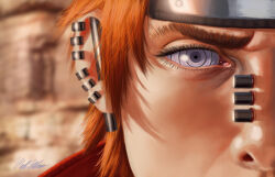 Rule 34 | 1boy, close-up, commentary, ear piercing, english commentary, forehead protector, highres, looking at viewer, male focus, naruto (series), naruto shippuuden, ninja, nose piercing, orange eyes, orange hair, pain (naruto), piercing, purple eyes, realistic, rinnegan, schneekatze09, short hair, signature, solo