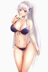Rule 34 | 1girl, azur lane, bare shoulders, bikini, blue butterfly, blush, breasts, bug, butterfly, butterfly hair ornament, choker, cleavage, collarbone, commentary request, cowboy shot, doughnut, dunkerque (azur lane), dunkerque (summer sucre) (azur lane), earrings, food, front-tie bikini top, front-tie top, grey hair, groin, hair between eyes, hair ornament, hairband, halterneck, hand up, headdress, highres, holding, holding food, insect, jewelry, kdkaikai, large breasts, long hair, looking at viewer, midriff, navel, open mouth, pink eyes, ponytail, purple bikini, purple choker, see-through, sidelocks, simple background, solo, standing, string bikini, swimsuit, thigh gap, white background, white hairband