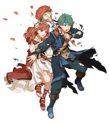 Rule 34 | 1boy, 1girl, alm (fire emblem), alternate costume, belt, boots, bouquet, celica (fire emblem), couple, earrings, feet, fire emblem, fire emblem echoes: shadows of valentia, fire emblem heroes, flower, full body, green eyes, green hair, hair flower, hair ornament, headband, highres, jewelry, long hair, necklace, nintendo, official art, one eye closed, open mouth, petals, red eyes, red hair, sandals, teeth, toes, torn clothes, transparent background