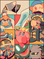 Rule 34 | &gt; o, animal ears, aqua background, arms up, artist name, badge, bandana, bandana waddle dee, beanie, bellhenge, black robe, blue bandana, blue bow, blue bowtie, blue eyes, blue headwear, blue hood, blue kimono, blue scarf, blue skin, blush stickers, bow, bowtie, cape, closed mouth, coat, colored skin, commentary, copy ability, covered mouth, disembodied limb, english commentary, everyone, extra eyes, eyeball, fake facial hair, fake mustache, from side, fur-trimmed coat, fur trim, gear print, gloves, green headwear, grey mask, hair ornament, hat, hat ornament, holding, holding sword, holding weapon, hood, hood down, hooded robe, huge weapon, japanese clothes, kimono, king dedede, kirby, kirby&#039;s return to dream land deluxe, kirby's return to dream land deluxe, kirby (series), leg up, logo, magolor, magolor epilogue, magolor soul, meta knight, mortarboard, multicolored background, multiple views, ninja, nintendo, no humans, no mouth, official alternate costume, one eye closed, open clothes, open coat, orange eyes, orange skin, own hands together, pink skin, pointy hat, pom pom (clothes), pom pom beanie, rags, rayman limbs, red background, red eyes, red footwear, red headwear, robe, scarf, shoes, shoulder pads, smile, solid oval eyes, star (symbol), star hat ornament, sword, sword kirby, tassel, tassel hair ornament, top hat, torn clothes, two-tone headwear, ultra sword, v-shaped eyebrows, weapon, white background, white cape, white gloves, white headwear, white scarf, wing hat ornament, yellow background, yellow eyes