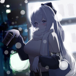 Rule 34 | absurdres, aged up, blurry, bow, breasts, bright pupils, bronya zaychik, bronya zaychik (silverwing: n-ex), brown scarf, can, canned coffee, city lights, cold, crossed bangs, drill hair, drink can, grey eyes, grey hair, hair bow, highres, honkai (series), honkai impact 3rd, large breasts, light particles, long hair, ponytail, quintincy, ribbed sweater, scarf, steam from mouth, sweater, turtleneck, turtleneck sweater