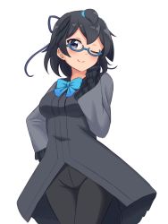 Rule 34 | 1girl, ;), absurdres, adapted costume, bespectacled, black coat, black eyes, black hair, black pants, blue-framed eyewear, blue bow, blue bowtie, blue ribbon, blush, bow, bowtie, breasts, coat, commentary, cowboy shot, frilled sleeves, frills, glasses, hair ribbon, hand on own cheek, hand on own face, hand on own hip, head wings, highres, kemono friends, long sleeves, looking at viewer, medium breasts, one eye closed, pants, ribbon, shiraha maru, short hair, simple background, smile, solo, superb bird-of-paradise (kemono friends), white background, wide sleeves, wings