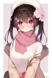 Rule 34 | 1girl, artist name, bad id, bad pixiv id, beret, blush, border, breasts, brown hair, cherry blossoms, coat, dated, eyelashes, flower, glasses, grey background, hair between eyes, hair flower, hair ornament, hairclip, hat, head tilt, heart, highres, looking at viewer, medium breasts, off shoulder, original, pink scarf, red eyes, sakurano shiyue, scarf, short hair, simple background, smile, solo, sweater, two side up, upper body, v arms, white beret, white hat, white sweater, winter clothes, winter coat