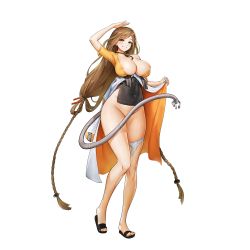 Rule 34 | 1girl, absurdly long hair, aged up, areola slip, braid, breasts, brown eyes, brown hair, bursting breasts, cleavage, clothes around waist, collared shirt, doctor (last origin), dress, full body, game cg, grin, highres, huge breasts, kakiman, last origin, long hair, looking at viewer, low-tied long hair, mechanical tail, no bra, official art, panties, panties around leg, salute, sandals, shirt, smile, solo, tachi-e, tail, thighs, torn clothes, torn panties, transparent background, twin braids, undersized clothes, underwear, very long hair