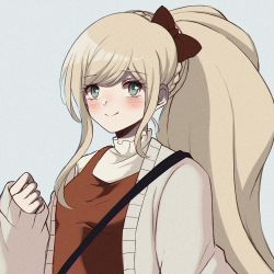 Rule 34 | 1girl, alternate costume, blonde hair, blush, bow, braid, breasts, cardigan, closed mouth, commentary, criis-chan, danganronpa (series), danganronpa 2: goodbye despair, dress, english commentary, hair bow, long hair, long sleeves, looking at viewer, lowres, medium breasts, pinafore dress, ponytail, red bow, sleeveless dress, smile, solo, sonia nevermind, upper body