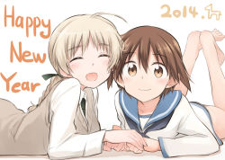 Rule 34 | 10s, 2014, 2girls, :3, :d, ^ ^, ahoge, bad feet, barefoot, blush, braid, brown eyes, brown hair, closed eyes, closed eyes, happy new year, holding hands, long hair, looking at viewer, lying, lynette bishop, miyafuji yoshika, multiple girls, new year, on stomach, open mouth, sandwich (artist), short hair, smile, strike witches, tsuchii (ramakifrau), world witches series, yuri