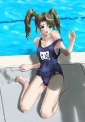 Rule 34 | 1girl, barefoot, blue eyes, brown hair, flat chest, green eyes, kneeling, long hair, one-piece swimsuit, pool, poolside, rasukaru, scared, school swimsuit, shadow, short twintails, sitting, solo focus, strap slip, swimsuit, twintails, writing, you gonna get raped