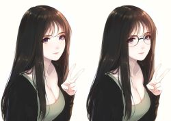 Rule 34 | 2girls, black hair, blush, breasts, caidychen, cleavage, closed mouth, collarbone, glasses, large breasts, long hair, looking at viewer, multiple girls, original, purple eyes, smile, v