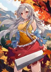 Rule 34 | 1girl, absurdres, autumn, autumn leaves, bare shoulders, blue sleeves, closed mouth, collarbone, day, detached sleeves, dress, feet out of frame, grey hair, highres, holding, holding weapon, leaf, long hair, maple leaf, nata (tool), orange dress, orchid (orukido), outdoors, red dress, red eyes, sakata nemuno, smile, solo, touhou, weapon, yellow dress