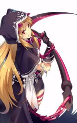 Rule 34 | 1girl, black cape, black capelet, black gloves, blonde hair, bow, cape, capelet, cosplay, echo (circa), ereshkigal (fate), fate/grand order, fate (series), from above, gloves, grin, hair bow, holding, holding scythe, hooded, long hair, looking at viewer, medusa (fate), medusa (lancer) (fate), medusa (lancer) (fate) (cosplay), medusa (rider) (fate), red bow, red eyes, rider, scythe, simple background, smile, solo, standing, thigh strap, very long hair, white background