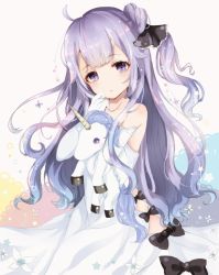Rule 34 | 1girl, ahoge, azur lane, bad id, bad pixiv id, bare shoulders, black bow, black ribbon, blush, bow, closed mouth, collarbone, commentary request, detached sleeves, dress, elbow gloves, gloves, hair bun, hair ribbon, hand to own mouth, head tilt, long hair, looking at viewer, hugging object, one side up, purple eyes, purple hair, ribbon, sakura mochiko, side bun, single hair bun, single side bun, solo, strapless, strapless dress, stuffed animal, stuffed pegasus, stuffed toy, stuffed unicorn, stuffed winged unicorn, unicorn (azur lane), very long hair, white dress, white gloves