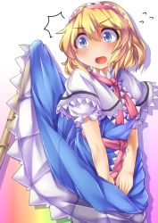 Rule 34 | 1girl, ^^^, alice margatroid, black pantyhose, blonde hair, blue eyes, blush, capelet, clothes lift, dress, dress lift, female focus, flying sweatdrops, fun bo, hairband, no nose, open mouth, pantyhose, solo, touhou