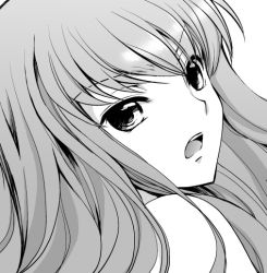 Rule 34 | 00s, 1girl, :o, akina tsukako, bare shoulders, c.c., code geass, greyscale, long hair, looking at viewer, monochrome, parted lips, round teeth, simple background, solo, teeth, upper body, very long hair, white background