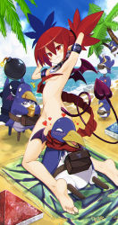 Rule 34 | 1girl, armpits, barefoot, beach, beach towel, blood, breasts, chromatic aberration, commission, day, demon girl, demon tail, demon wings, disgaea, draw-till-death, etna (disgaea), feet, highres, looking at viewer, nosebleed, nude, ocean, prinny, prinny (seres), prinny (series), prinny ~ore ga shujinkou de iinsuka?~, red hair, scarf, small breasts, soles, tail, toes, towel, wings
