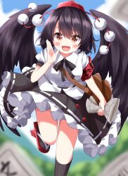 Rule 34 | 1girl, black hair, black skirt, black socks, black wings, blush, feathered wings, foot out of frame, frilled skirt, frills, geta, hair between eyes, hat, highres, holding, holding newspaper, newspaper, open mouth, pom pom (clothes), puffy short sleeves, puffy sleeves, red eyes, red footwear, red headwear, ruu (tksymkw), sailor collar, shameimaru aya, shirt, short hair, short sleeves, skirt, smile, socks, solo, tokin hat, touhou, white shirt, wings