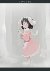 Rule 34 | 1girl, black hair, blush, dress, female focus, forest, frilled skirt, frills, inaba tewi, letterboxed, long sleeves, nature, nihimaru, pink dress, red eyes, scarf, shoes, skirt, snow, snow rabbit, solo, text focus, touhou, walking, winter, winter clothes