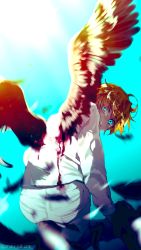 Rule 34 | 1girl, aqua background, aqua eyes, bird wings, blood, blood on clothes, bloody wings, commentary, cowboy shot, crying, day, emma (yakusoku no neverland), english commentary, feathered wings, feathers, from behind, glowing, glowing eyes, highres, injury, long sleeves, looking at viewer, looking back, mau sakura, messy hair, motion blur, orange hair, pants, shirt, short hair, sky, solo, tears, white shirt, wings, yakusoku no neverland