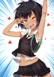 Rule 34 | 1girl, ;d, armpits, backpack, bag, black hair, black skirt, blush, brown eyes, collarbone, emphasis lines, female focus, heart, looking at viewer, looking to the side, marvel, nakatokung, navel, necktie, one eye closed, open mouth, peni parker, shirt, skirt, smile, solo, spider-man: into the spider-verse, spider-man (series), spider-verse, stomach, tan, teeth, upper teeth only, v, v over eye, white background, white shirt, white sleeves