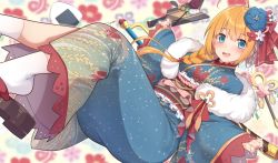Rule 34 | 1girl, ahoge, animal print, blue eyes, blue kimono, braid, butterfly print, commentary request, flower, fur-trimmed kimono, fur trim, go-1, hair flower, hair ornament, hair ribbon, highres, japanese clothes, kimono, long hair, long sleeves, looking at viewer, open mouth, orange hair, pecorine (new year) (princess connect!), pecorine (princess connect!), princess connect!, red ribbon, ribbon, smile, socks, solo, tabi, teeth, upper teeth only, wide sleeves
