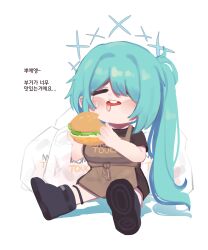 Rule 34 | 1girl, absurdres, apron, black footwear, blue archive, blue hair, blue halo, breasts, brown apron, burger, chibi, closed eyes, commentary, eating, english commentary, food, hair over one eye, halo, highres, hiyori (blue archive), holding, holding food, korean text, long hair, lulubelleiii, medium breasts, open mouth, ponytail, simple background, sitting, solo, translation request, very long hair, white background