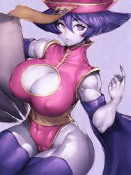 Rule 34 | 1girl, biceps, blue hair, breasts, claws, cleavage, cleavage cutout, clothing cutout, colored skin, come hither, commentary request, covered erect nipples, covered navel, curvy, fumio (rsqkr), hat, highres, huge breasts, jiangshi, lei lei, looking at viewer, monster girl, muscular, muscular female, parted lips, purple background, purple eyes, purple skin, purple thighhighs, qingdai guanmao, short hair, simple background, smile, solo, thick thighs, thighhighs, thighs, vampire (game), wide hips