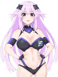 Rule 34 | 1girl, adult neptune, alternate breast size, arm strap, bare shoulders, breasts, d-pad, d-pad hair ornament, fingerless gloves, gloves, hair between eyes, hair ornament, hands on own hips, highres, large breasts, long hair, looking at viewer, navel, neptune (series), paid reward available, purple eyes, purple hair, simple background, solo, swimsuit, very long hair, white background, zatsu