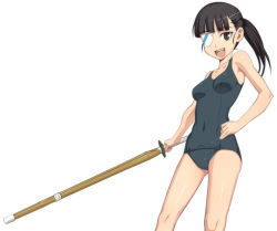 Rule 34 | 00s, 1girl, black eyes, black hair, caryo, eyepatch, hand on own hip, hip focus, nanashino, one-piece swimsuit, open mouth, ponytail, sakamoto mio, school swimsuit, shinai, simple background, smile, solo, strike witches, swimsuit, sword, weapon, world witches series