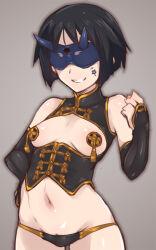 Rule 34 | 1girl, bare shoulders, black hair, blindfold, brave witches, clenched hand, corset, em (totsuzen no hakike), facial mark, groin, hand on own hip, kanno naoe, mask, medium hair, navel, oni mask, pasties, simple background, smile, solo, thigh gap, vambraces, world witches series