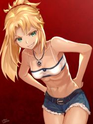 Rule 34 | 1girl, :d, artist name, bandeau, bare arms, bare shoulders, belt, belt buckle, blonde hair, blue shorts, braid, breasts, buckle, cleavage, collarbone, cowboy shot, cutoffs, denim, denim shorts, fate/grand order, fate (series), gradient background, green eyes, grin, hands on own hips, jewelry, lazycoffee (wyen iscordo), leaning forward, long hair, mordred (fate), mordred (fate/apocrypha), mordred (memories at trifas) (fate), necklace, open mouth, parted bangs, parted lips, ponytail, red background, short shorts, shorts, small breasts, smile, solo, teeth, thigh gap, toned