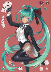 Rule 34 | 1girl, bad id, bad pixiv id, blouse, boots, card, center frills, collared shirt, dice, fishnet pantyhose, fishnets, frills, gloves, green eyes, green hair, hatsune miku, long hair, magician, matching hair/eyes, miracle paint (vocaloid), one eye closed, pantyhose, poker chip, ponytail, project diva, project diva (series), shaka8, shirt, solo, tailcoat, thigh boots, thighhighs, very long hair, vest, vocaloid, white shirt, wink