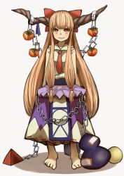 Rule 34 | alternate hair ornament, barefoot, bow, chain, commentary request, food, fruit, gourd, grin, highres, horn ornament, horn ribbon, horns, ibuki suika, long hair, looking at viewer, michihasu, necktie, oni, orange hair, persimmon, red eyes, red necktie, ribbon, sharp teeth, shirt, sidelocks, simple background, single horn, sleeveless, sleeveless shirt, smile, solo, teeth, touhou, very long hair, white background, wrist cuffs