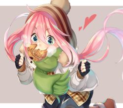 Rule 34 | 1girl, ahoge, black gloves, blue eyes, boots, border, checkered clothes, checkered shirt, clenched hands, commentary request, eating, eyes visible through hair, fingerless gloves, food, food in mouth, gloves, green scarf, grey background, hands up, heart, jacket, kagamihara nadeshiko, letterboxed, light blush, long hair, long sleeves, multicolored clothes, multicolored legwear, panda inu, pink hair, pom pom (clothes), running, scarf, shirt, simple background, solo, sparkling eyes, striped legwear, taiyaki, wagashi, white jacket, winter clothes, woollen cap, yurucamp