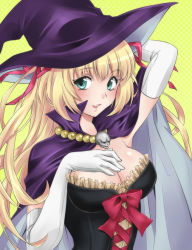 Rule 34 | 1girl, ada vessalius, bad id, bad pixiv id, blonde hair, breasts, cape, cleavage, cosplay, elbow gloves, gloves, green eyes, hair ribbon, hat, kiniro yasha, large breasts, long hair, pandora hearts, ribbon, skull, solo, witch hat
