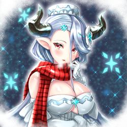 Rule 34 | 1girl, blue hair, blush, breasts, breath, cleavage, draph, gloves, granblue fantasy, hat, horns, izmir, large breasts, long hair, mole, mole under mouth, nyama (12060517), pointy ears, red eyes, scarf, snowflakes, solo, white gloves