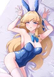 Rule 34 | 1girl, :o, absurdres, animal ears, bare shoulders, blonde hair, blue archive, blue bow, blue bowtie, blue eyes, blue leotard, bow, bowtie, breasts, cleavage, commentary, detached collar, fake animal ears, highres, leotard, long hair, looking at viewer, lying, medium breasts, official alternate costume, on back, playboy bunny, rabbit ears, solo, thighhighs, toki (blue archive), toki (bunny) (blue archive), user jrze3353, white thighhighs