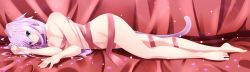 Rule 34 | 1girl, akine (kuroyuri), animal ears, bad id, bad pixiv id, barefoot, blush, braid, breasts, cat ears, cat tail, highres, long hair, looking at viewer, lying, naked ribbon, navel, nefia (akine), nude, on side, original, petals, purple hair, ribbon, smile, solo, tail