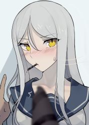 Rule 34 | 10s, 1girl, abyssal ship, blush, commentary request, food, food in mouth, kantai collection, looking at viewer, nose blush, pale skin, pocky, pocky day, pov, sailor collar, solo focus, ta-class battleship, walzrj, white hair, yellow eyes