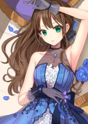 Rule 34 | 1girl, arm on own head, arm up, armpits, blue dress, blue flower, blue gloves, blue rose, brown hair, dress, floral print, flower, from above, gloves, green eyes, hair ornament, hair over shoulder, half gloves, highres, idolmaster, idolmaster cinderella girls, jewelry, long hair, looking at viewer, lying, necklace, on back, parted lips, pearl necklace, petals, rose, rum raisin (chihiromakita19), shibuya rin, sleeveless, sleeveless dress, smile, solo