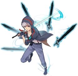 Rule 34 | 1boy, azar (chrono ark), belt, chrono ark, collared shirt, denim, fighting stance, grey eyes, hen-tie, highres, holding, holding sword, holding weapon, hood, hood up, hoodie, jacket, jeans, looking at viewer, non-web source, official art, pants, pants rolled up, shirt, shoes, short hair, sleeves rolled up, sneakers, suspenders, sword, transparent background, unbuttoned, unbuttoned shirt, undershirt, weapon, white hair