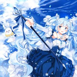 Rule 34 | 1girl, amulet, axiang seika, bare shoulders, blue dress, blue eyes, blue hair, blue sky, chinese commentary, cloud, commentary, cowboy shot, crystal, detached collar, detached sleeves, dress, framed breasts, frilled dress, frilled sleeves, frills, hair ornament, hand on own chest, hatsune miku, holding, holding scepter, layered dress, light blue hair, long hair, looking to the side, neck ruff, open mouth, outstretched arm, puffy sleeves, rabbit, rabbit yukine, scepter, sky, smile, snowflake print, snowflakes, striped sleeves, tiara, twintails, very long hair, vocaloid, yuki miku, yuki miku (2019)