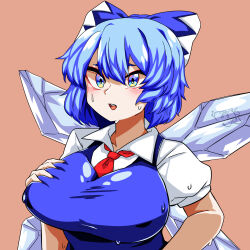 Rule 34 | 1girl, alternate breast size, blue bow, blue dress, blue eyes, blue hair, blush, bow, breast suppress, breasts, brown background, cirno, collared shirt, commentary request, deep skin, dress, hair between eyes, hair bow, highres, ice, ice wings, kurodani yamame, large breasts, looking at viewer, necktie, open mouth, pinafore dress, red necktie, rinyamame, shirt, short hair, simple background, sleeveless dress, solo, touhou, upper body, white shirt, wings