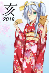 Rule 34 | 1girl, 2019, ;), animal, blush, boar, bow, chinese zodiac, closed mouth, commentary request, fingernails, floral print, furisode, green eyes, hair between eyes, hair bow, hairband, hands up, head tilt, holding, japanese clothes, kimono, long hair, long sleeves, nengajou, new year, obi, one eye closed, one side up, original, print kimono, red kimono, sash, silver hair, smile, solo, tsuyukina fuzuki, wide sleeves, year of the pig, yellow bow, yellow hairband