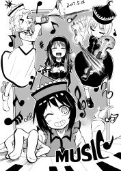 Rule 34 | &gt; &lt;, 4girls, black hair, bow (music), dated, english text, closed eyes, greyscale, hair between eyes, hat, hat ornament, headband, heran hei mao, highres, instrument, layla prismriver, long sleeves, lunasa prismriver, lyrica prismriver, merlin prismriver, monochrome, moon (ornament), multiple girls, music, musical note, one eye closed, piano, playing instrument, pound sign, shoes, short hair, siblings, sisters, smile, socks, star (symbol), star hat ornament, sun (ornament), touhou, trumpet, violin