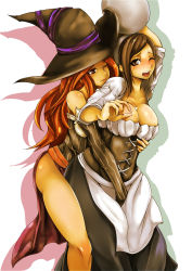 Rule 34 | 2girls, bad id, bad pixiv id, blue eyes, bodice, breasts, brown eyes, brown hair, cleavage, dragon&#039;s crown, dress, elbow gloves, gggg, gloves, hairband, hat, highres, huge breasts, legs, long hair, multiple girls, one eye closed, open mouth, pot, red hair, sash, sorceress (dragon&#039;s crown), staff, strapless, strapless dress, sweat, thighs, vanillaware, village girl (dragon&#039;s crown), wince, wink, witch hat, yuri