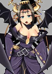 Rule 34 | 1girl, bandai, bare shoulders, bat (animal), bat (symbol), bat wings, belt, black hair, black wings, blue eyes, breasts, bridal gauntlets, bustier, claws, demon girl, detached collar, detached sleeves, digimon, digimon crusader, eyeshadow, facial mark, female focus, grey background, hair bun, hair ornament, hands on own hips, highres, horns, large breasts, lilithmon, lipstick, makeup, multiple wings, nail polish, open mouth, pointy ears, seven great demon lords, sharp nails, shawl, simple background, single hair bun, skirt, solo, standing, tattoo, wings
