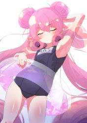 Rule 34 | 1girl, arm behind head, arm up, armpits, closed eyes, commentary request, double bun, elf, frown, hair bun, highres, innertube, long hair, neneka (princess connect!), one-piece swimsuit, pink hair, pointy ears, princess connect!, school swimsuit, simple background, solo, sw (taco), swim ring, swimsuit, thighs, twintails, very long hair, white background